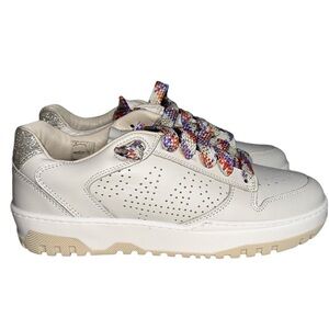 P448 Leather‎ Lace Up Sneakers Gold Glitter Tan Beige Upper EU 37  6 - 6.5